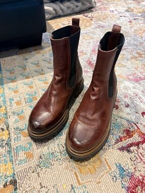 Women's Brown Leather Chelsea Booties with Lug Sole